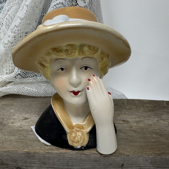 Vintage Ceramic Lady Head  With Yellow Hat 1950's - Picture 1 of 6